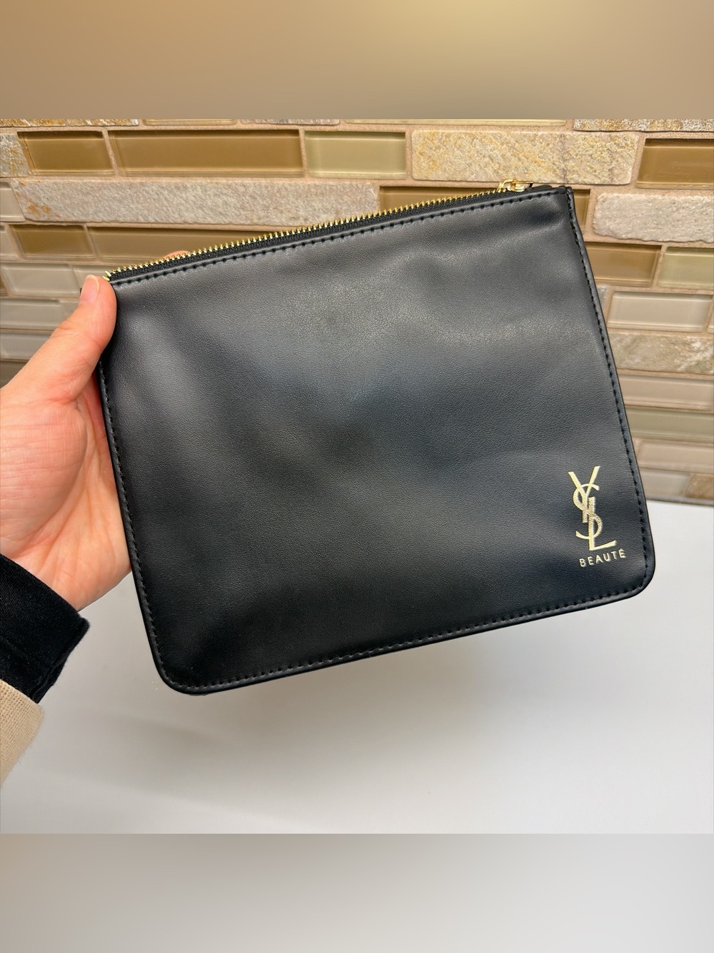 Yves Saint Laurent Black Leather Zip Toiletry Pouch with Gold Logo